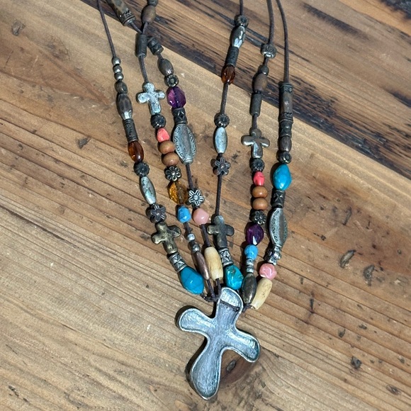 Bohemian Multi-Color Beaded Cross Necklace - Picture 2 of 13